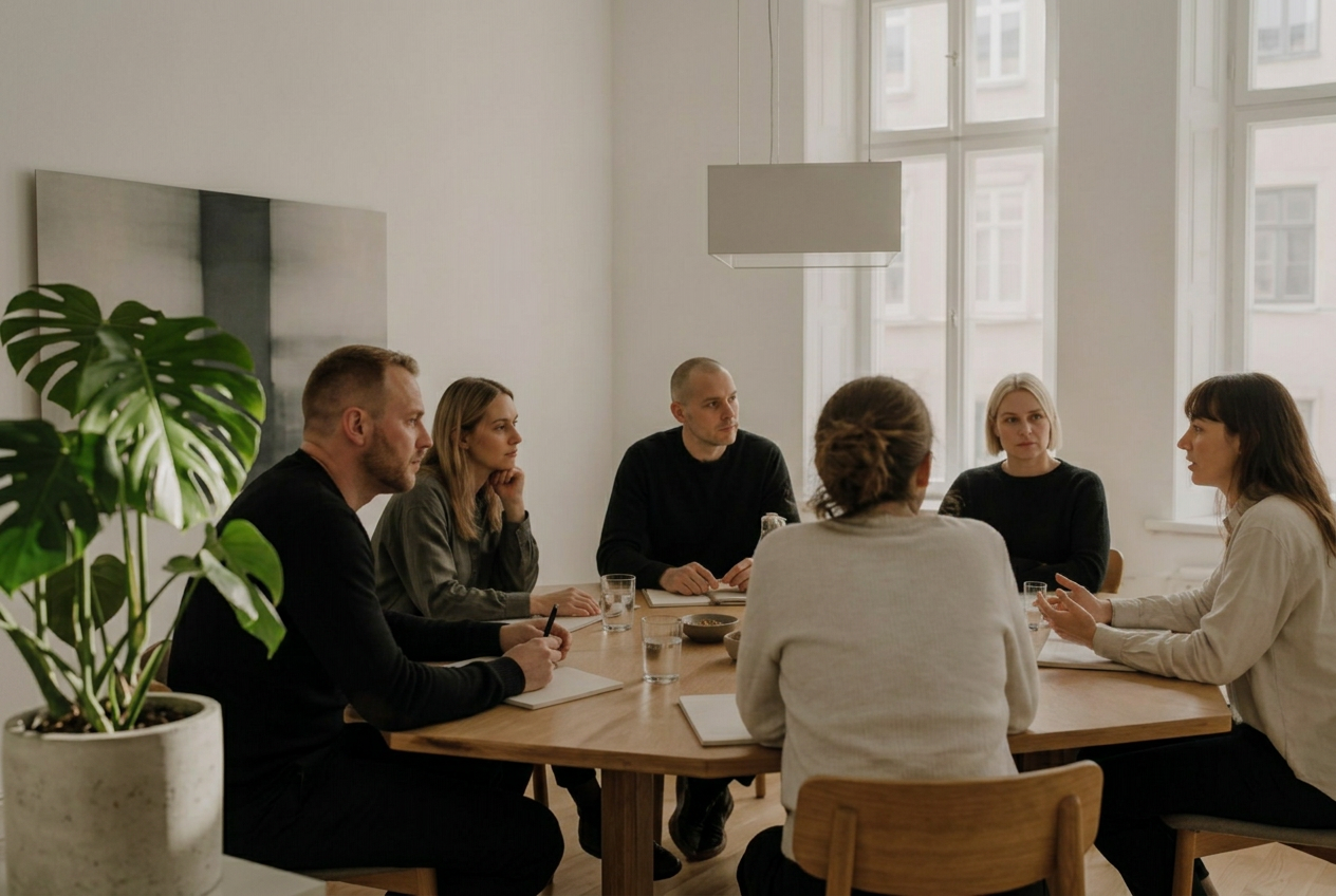 Ledergruppe i møde omkring et bord i et lyst nordisk mødelokale
